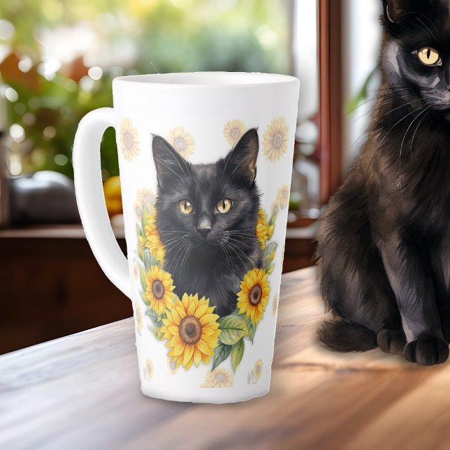 Tasse Latte Fleurs de soleil de chat noir dire (Créateur téléchargé)