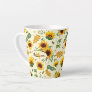 Tasse Latte Fleurs de soleil jaunes et abeilles de miel Custom