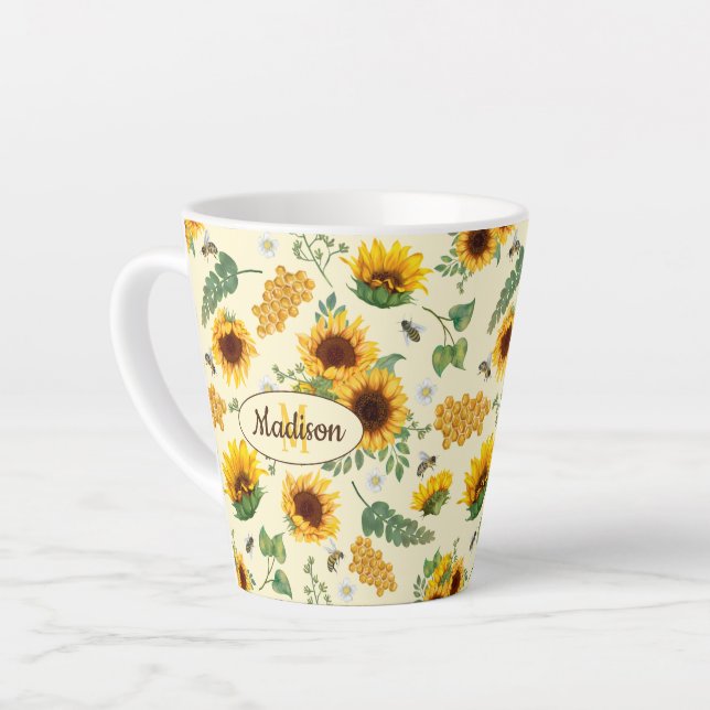 Tasse Latte Fleurs de soleil jaunes et abeilles de miel Custom (Angle gauche)