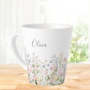 Tasse Latte Fleurs Florales Rose Bleu Aquarelle Monogramme 
