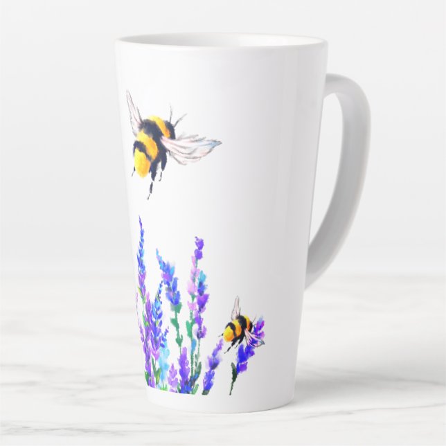 Tasse Latte Fleurs printanières et abeilles volant en latte (Angle droit)