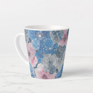 Tasse Latte Fleurs roses bleues scintillent