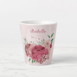 Tasse Latte fleurs roses feuilles vertes