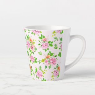 Tasse Latte Fleurs Roses florales avec Motif Feuille vert