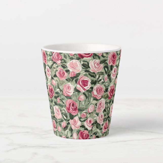 Tasse Latte Fleurs roses rouges et vertes  (Devant)