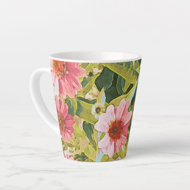 Tasse Latte Fleurs roses Vert Feuille Art original (Angle gauche)
