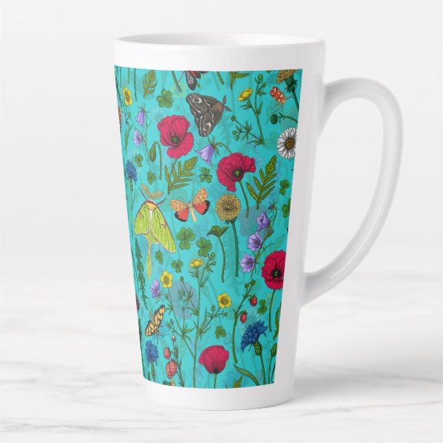 Tasse Latte Fleurs sauvages et papillons de nuit sur turquoise (Droite)