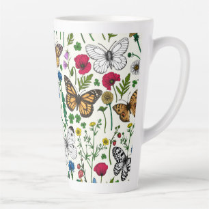 Tasse Latte Fleurs sauvages et papillons sur blanc