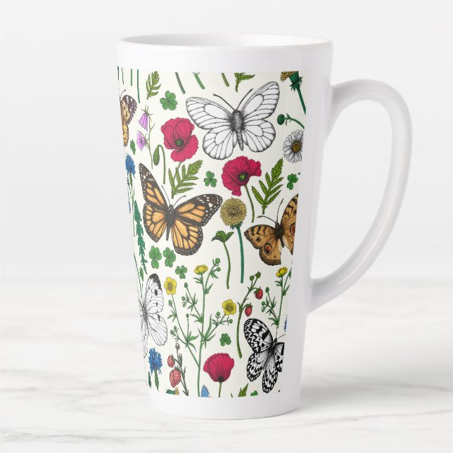 Tasse Latte Fleurs sauvages et papillons sur blanc (Droite)