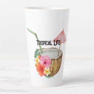 Tasse Latte Fleurs tropicales et autocollant de noix de coco t