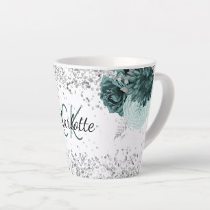 Tasse Latte Fleurs vert argent élégant nom monogramme