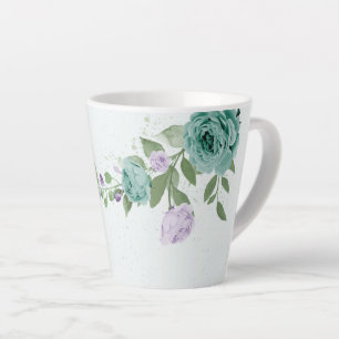 Tasse Latte fleurs violettes bleues romantiques  verdure