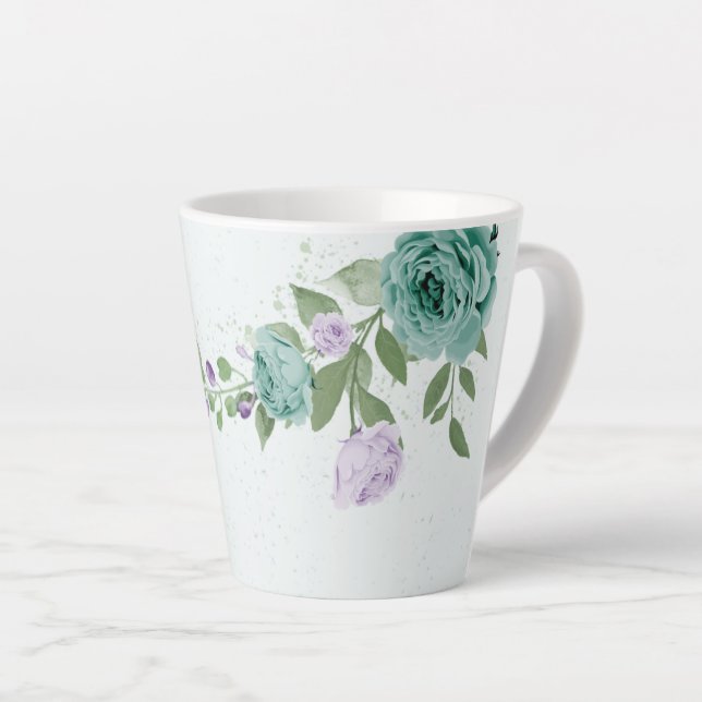 Tasse Latte fleurs violettes bleues romantiques  verdure (Angle droit)