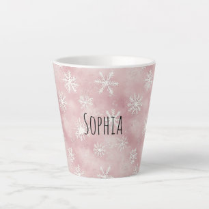 Tasse Latte Flocons de neige roses blancs Noël