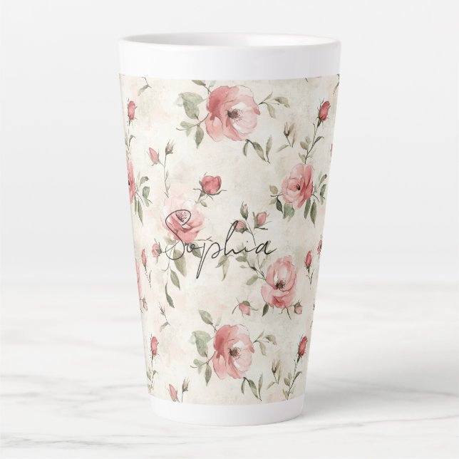 Tasse Latte Floral de roses roses blanches ivoire (Devant)