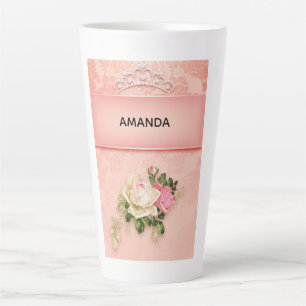 Tasse Latte Floral rose avec Diamond Tiara Princess Design