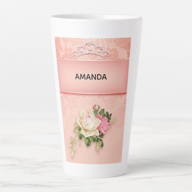 Tasse Latte Floral rose avec Diamond Tiara Princess Design (Devant)