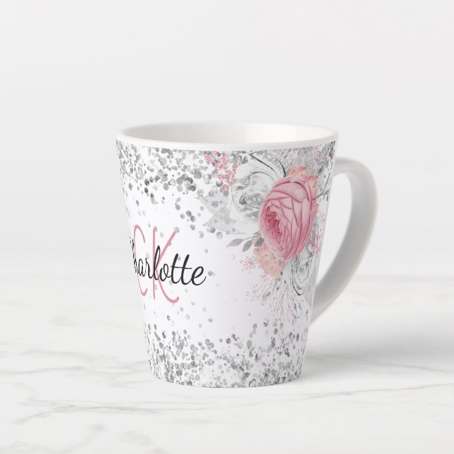 Tasse Latte Flores rose argent élégant nom monogramme (Angle droit)