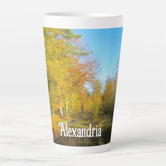 Tasse Latte Forêt ensoleillée d'automne - Grande personnalisée (Devant)