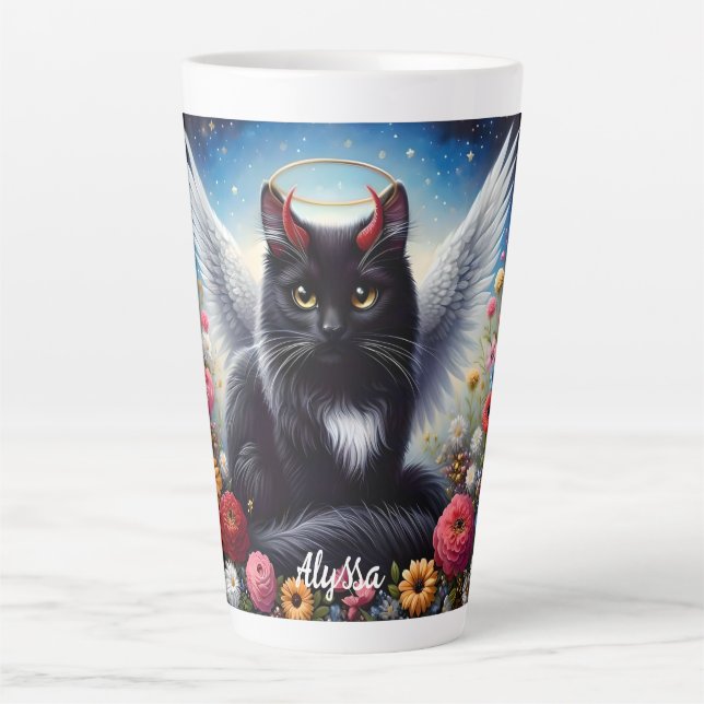 Tasse Latte Funny Long Haired Black Demon et Angel Cat (Devant)