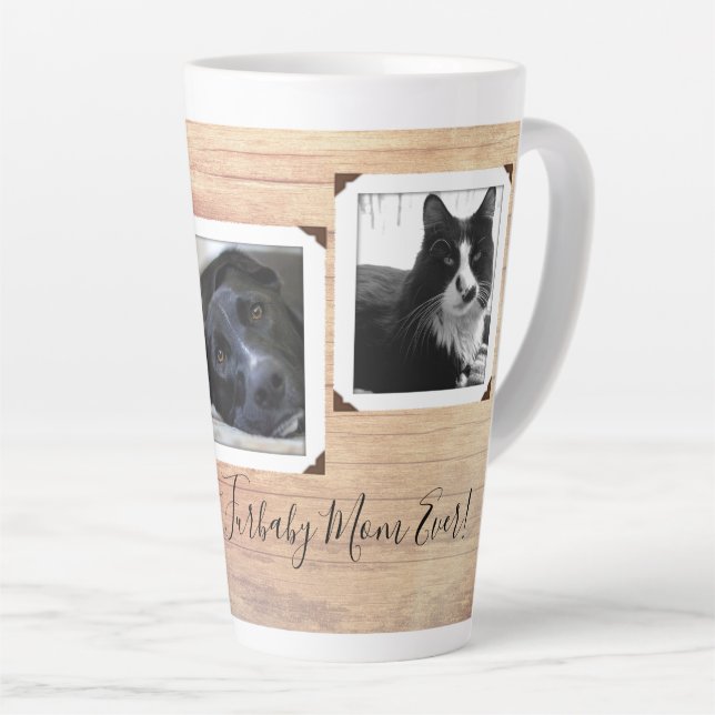 Tasse Latte Furbaby Mom Papa Wood Grain Multi-photo (Angle droit)