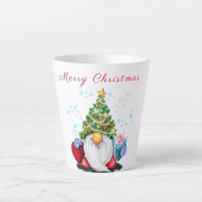 Tasse Latte Gnome mignonne avec arbre de Noël Casquette et cad (Devant)