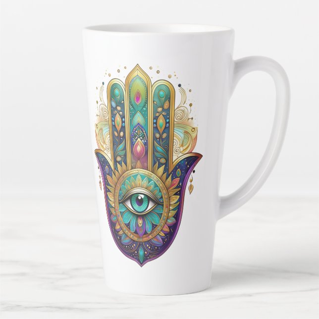 Tasse Latte Gold Flower Petals Turquoise Third Eye Hamsa (Droite)