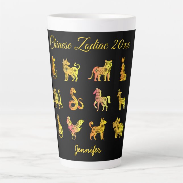 Tasse Latte Gold Gradient chinois Zodiac Animal Noir (Devant)