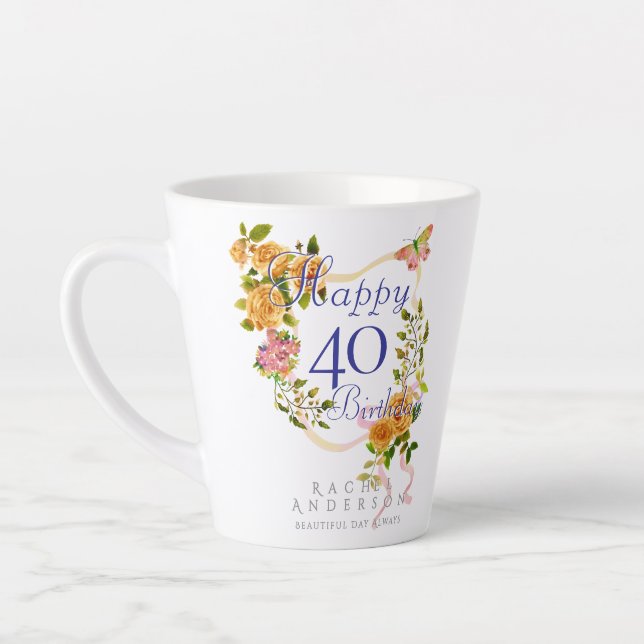 Tasse Latte Gold Rose Ribbon 40th Birthday (Gauche)