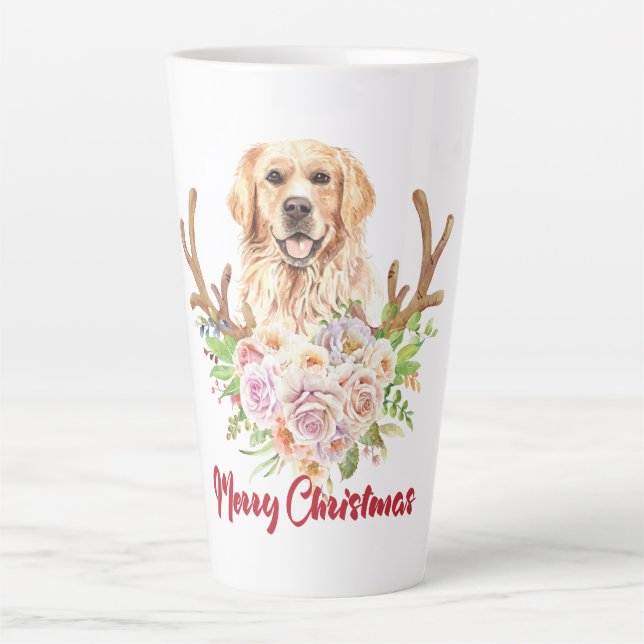 Tasse Latte Golden Retriever Floral Joyeux Noël (Devant)