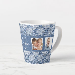Tasse Latte Grand-mère bleu denim dentelle photo collage