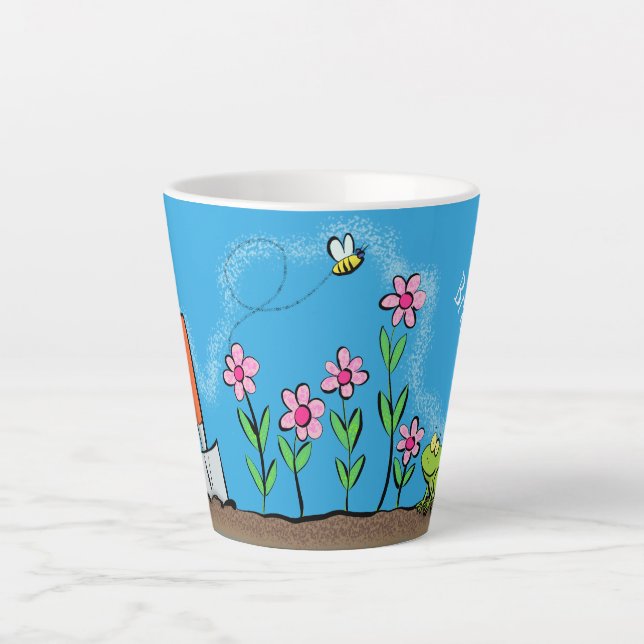 Tasse Latte Grenouille mignonne et abeille dans le jardin dess (Devant)
