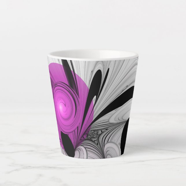 Tasse Latte Gris Noir Abstrait Avec Art Fractal Magenta (Devant)