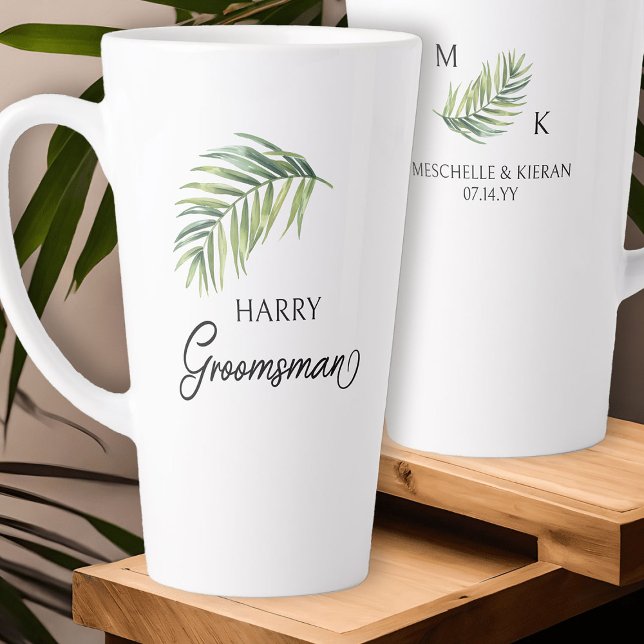 Tasse Latte Groomsman Palm Feuille de mariage cadeau de fête d (Groomsman latte mug with tropical palm leaf and calligraphy)