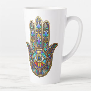 Tasse Latte Hamsa d'or peint coloré saphir Troisième Œil