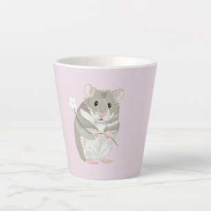 Tasse Latte Hamster gris et blanc mignon tenant une fleur
