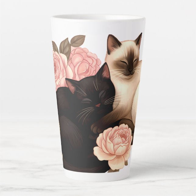 Tasse Latte Heartbound: Siamese & Black Cats in Bloom (Devant)