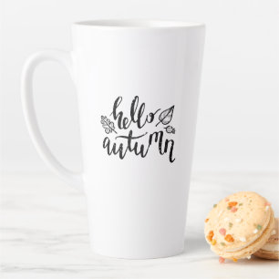 Tasse Latte Hello Autumn Leaves Black and White Calligraphy