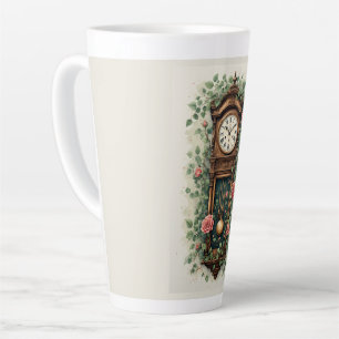 Tasse Latte Horloge Vintage Entourée de Roses et de Vignes