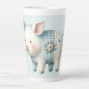 Tasse Latte Illustration Cottagecore de Cochon en Patchwork Bl