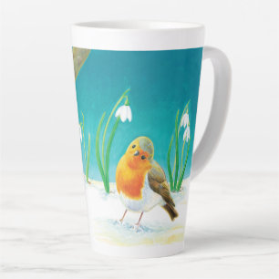 Tasse Latte Illustration Red Robin Bird & Spring Snowdrops