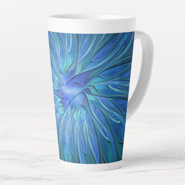 Tasse Latte Imaginaire Fleur Bleue Motif, Art Fractal Abstrait (Angle droit)