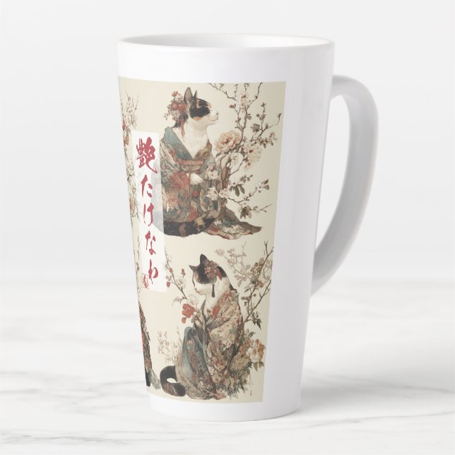 Tasse Latte "In Full Bloom" Japanese Cat in Kimono Art (Angle droit)
