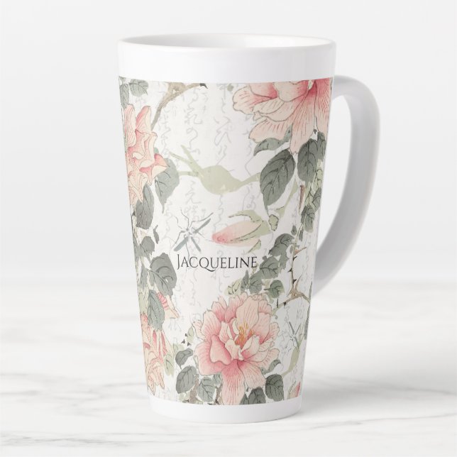Tasse Latte Influence asiatique Fleurs de pivoines roses et bl (Angle droit)