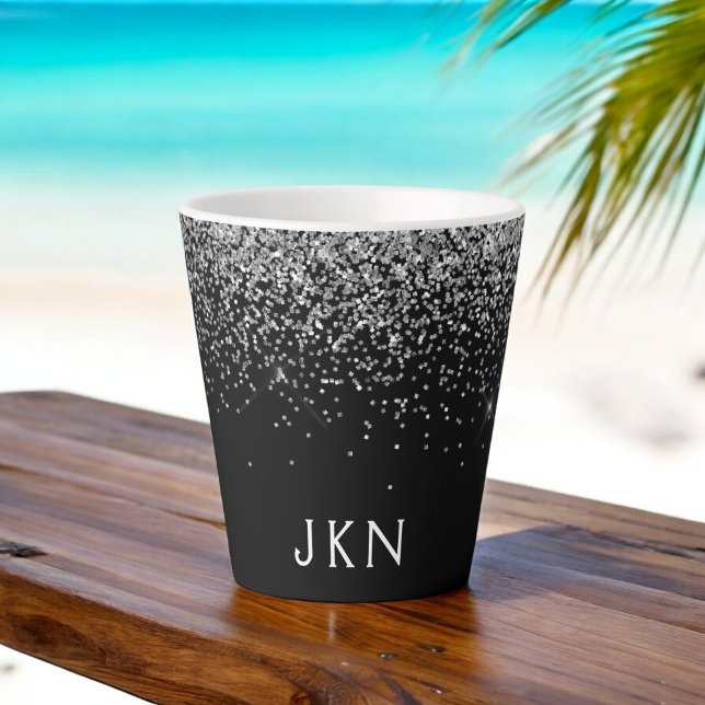 Tasse Latte Initiales de nom de fille pailletées noir argent M (Créateur téléchargé)