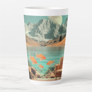 Tasse Latte Intérieur surréaliste avec poissons et paysage au