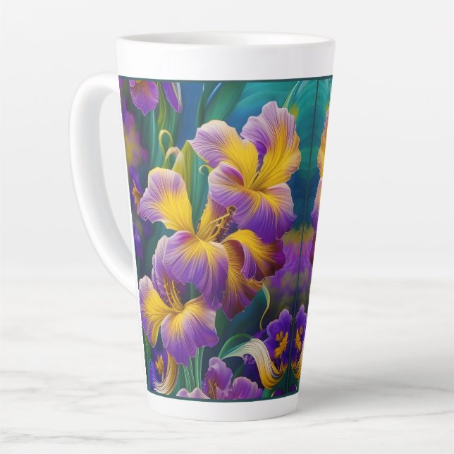 Tasse Latte Iris Floral Violet et bleu or feuilles (Angle gauche)