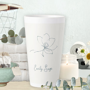 Tasse Latte Ivoire Zen Yoga Ligne Florale Bleu Côtier