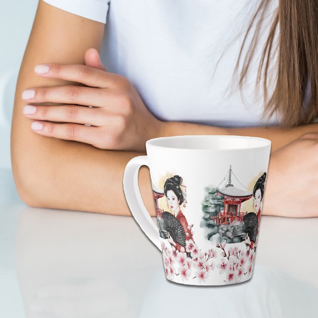 Tasse Latte Japanese Cherry Blossom Pagoda Geisha Girl (Créateur téléchargé)