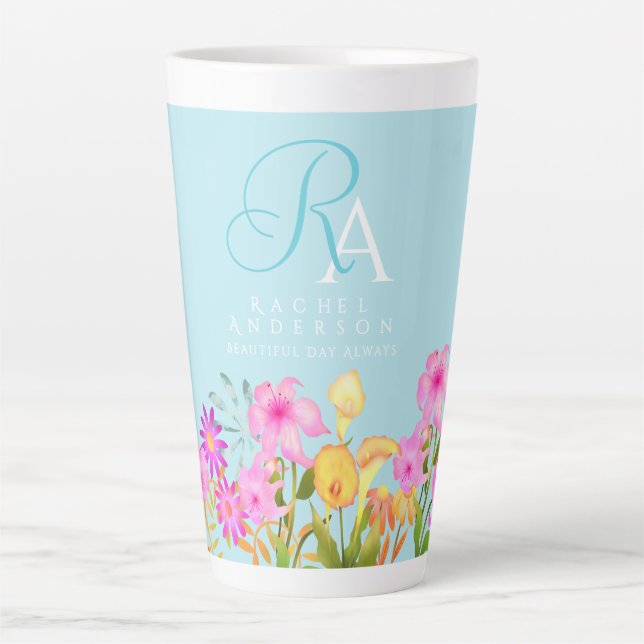 Tasse Latte Jardin Floral Monogramme bleu (Devant)
